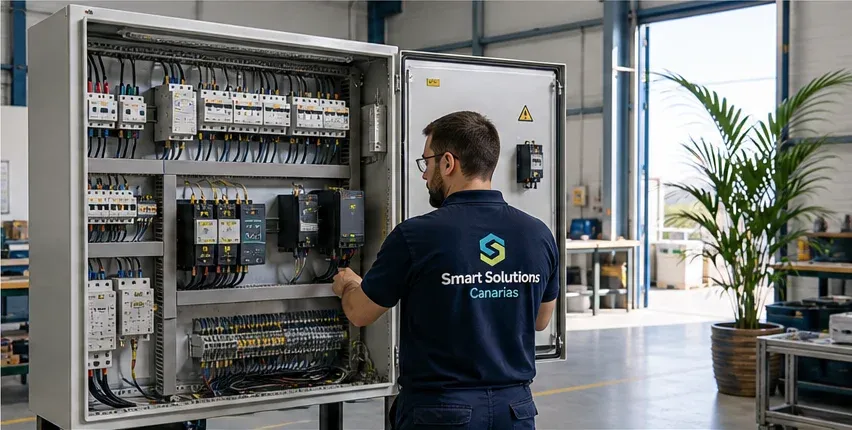 Técnico trabajando en un cuadro eléctrico de Smart Solutions Canarias
