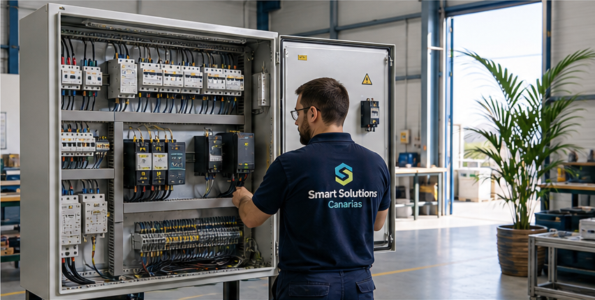 Técnico de Smart Solutions Canarias trabajando en un cuadro eléctrico