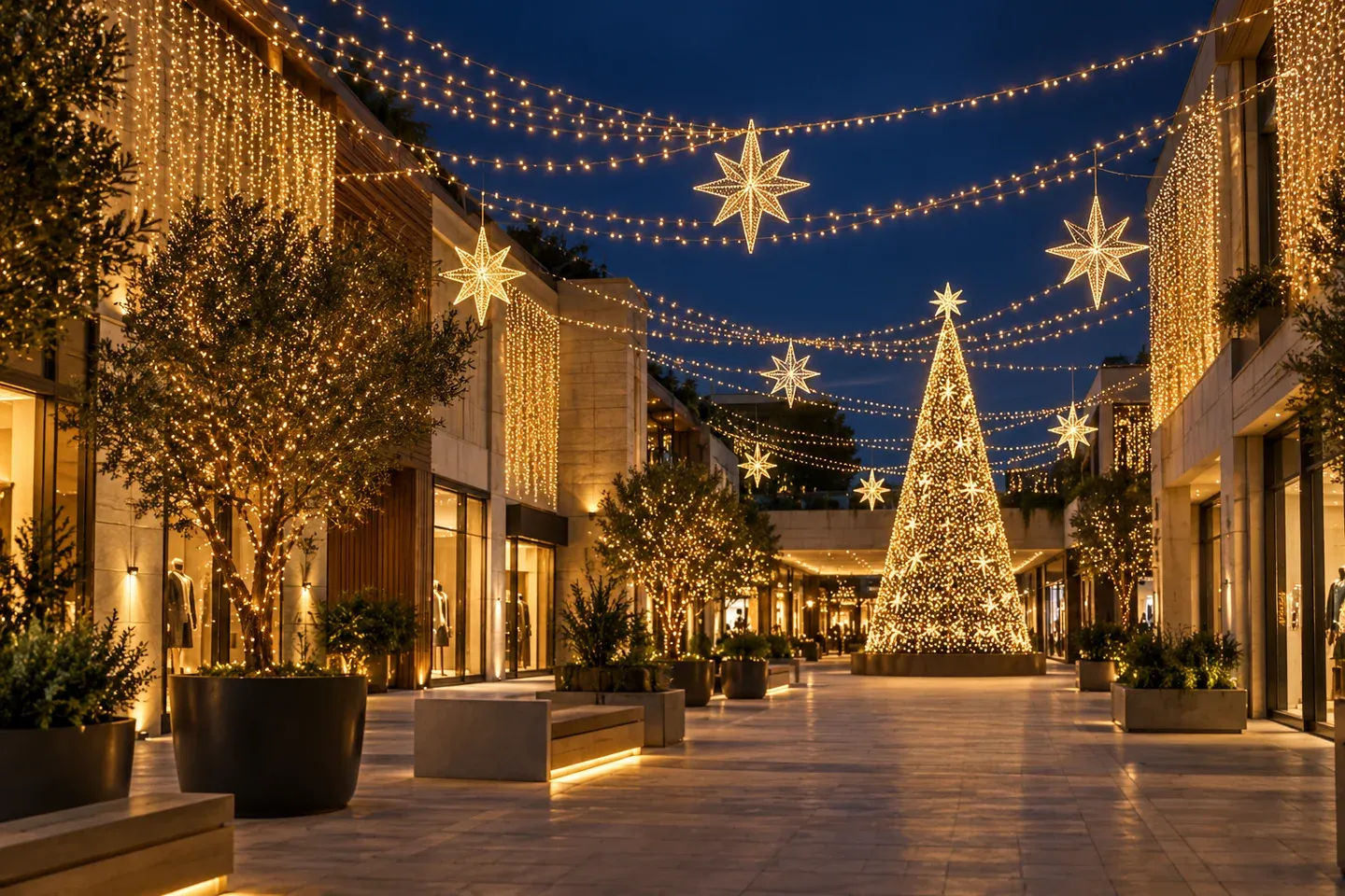 Ambientación navideña con guirnaldas, estrellas y un árbol de luces cálidas